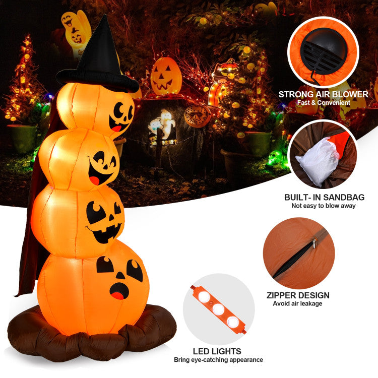 7 Feet Halloween Inflatable Pumpkin Combo with Witch's Hat and LED Lights