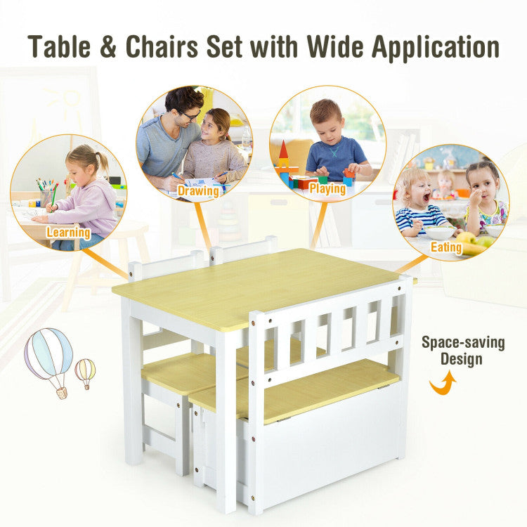 4 Pieces Kids Wooden Activity Table and Chairs Set with Storage Bench and Study Desk