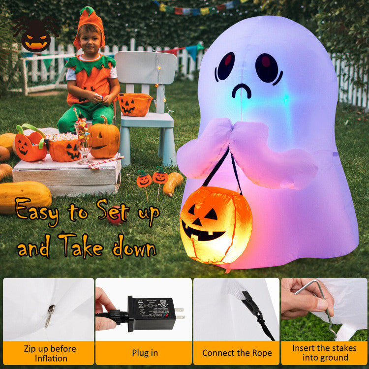 4 Feet Halloween Inflatable Ghost Holding Pumpkin Decor with LED Lights