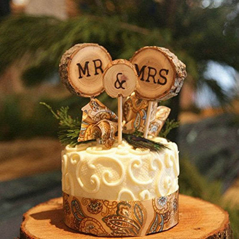 Wooden Round Mr Mrs Shabby Chic Rustic Wedding Cake Topper Pick Decoration-1 Set