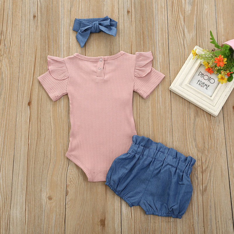 Aimik 3Pcs Baby Girls Infant Clothes Set Romper Jumpsuit Bowknot Denim Shorts Outfits
