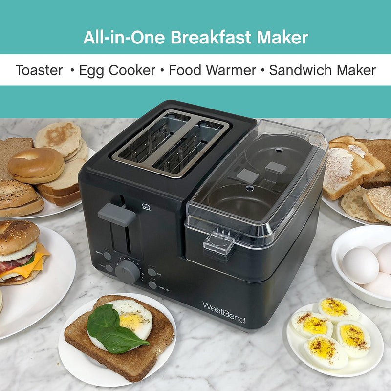 West Bend 78500 Breakfast Station, 2-Slice Toaster with Removable Meat and Vegetable Warming Tray and Egg Cooker/Poacher, Black