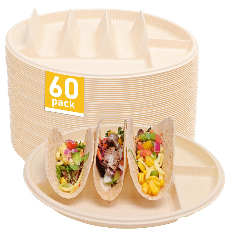 LUVCOSY 60 Pcs Large Disposable Taco Plates for Party, Cornstarch Taco Holder Plates with 2 Dipping Areas, Hold for 3 Tacos, Round Paper Taco Trays for Taco Night & Taco Tuesday, Microwave Safe