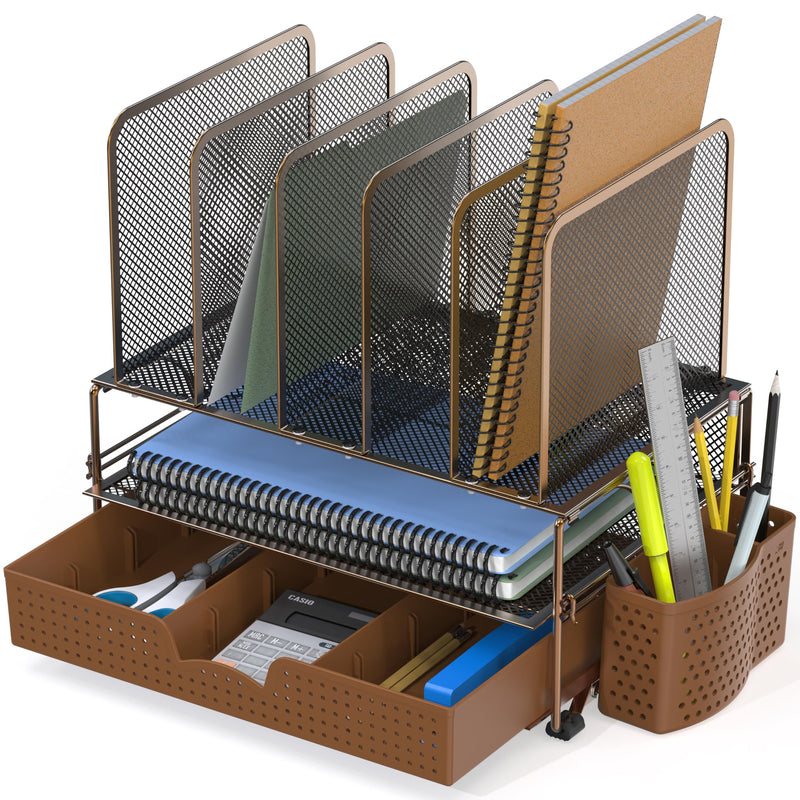 Simple Houseware Mesh Desk Organizer with Sliding Drawer, Double Tray and 5 Upright Sections, Copper