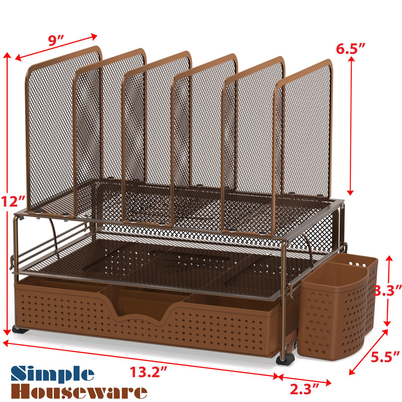 Simple Houseware Mesh Desk Organizer with Sliding Drawer, Double Tray and 5 Upright Sections, Copper