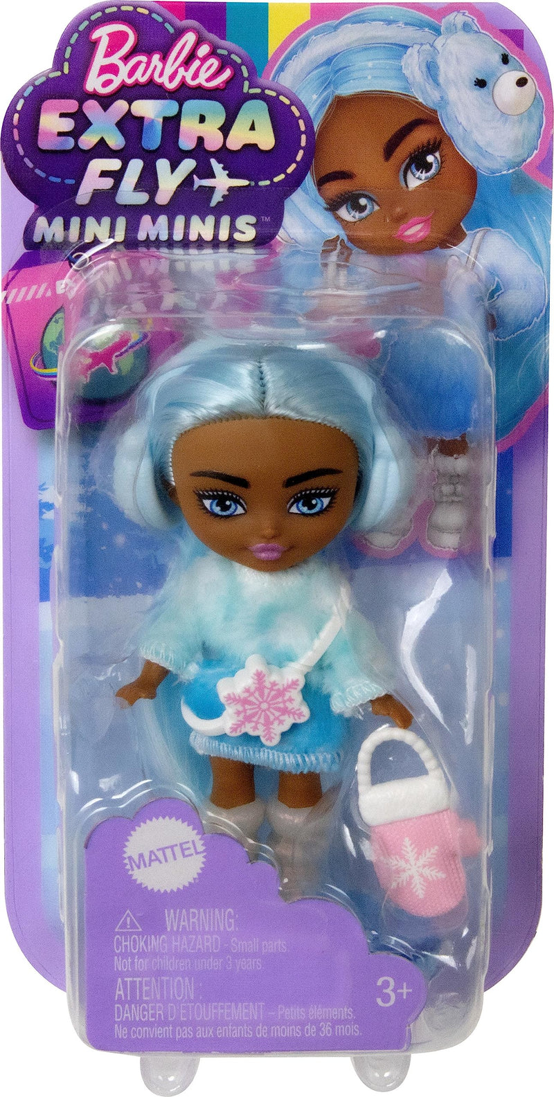 Barbie Extra Mini Minis Travel Doll with Blue Hair, Ombre Sweater Dress, Pastel Earmuffs, Snow Boots & Snow Accessories, 3.25-inch