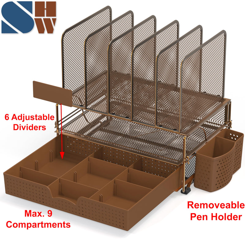 Simple Houseware Mesh Desk Organizer with Sliding Drawer, Double Tray and 5 Upright Sections, Copper