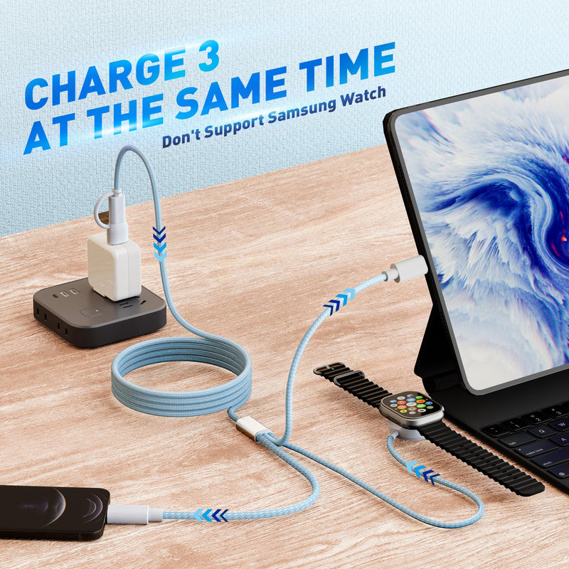 𝐔𝐩𝐠𝐫𝐚𝐝𝐞𝐝 𝐑𝐚𝐩𝐢𝐝 𝐅𝐚𝐬𝐭 Charging USB C Watch Phone Charger 3 in 2 Cable, Compatible with Apple Watch Ultra SE Series 1-8, Universal Travel Multi Devices All in One Cord, 4FT/1.2M-Blue