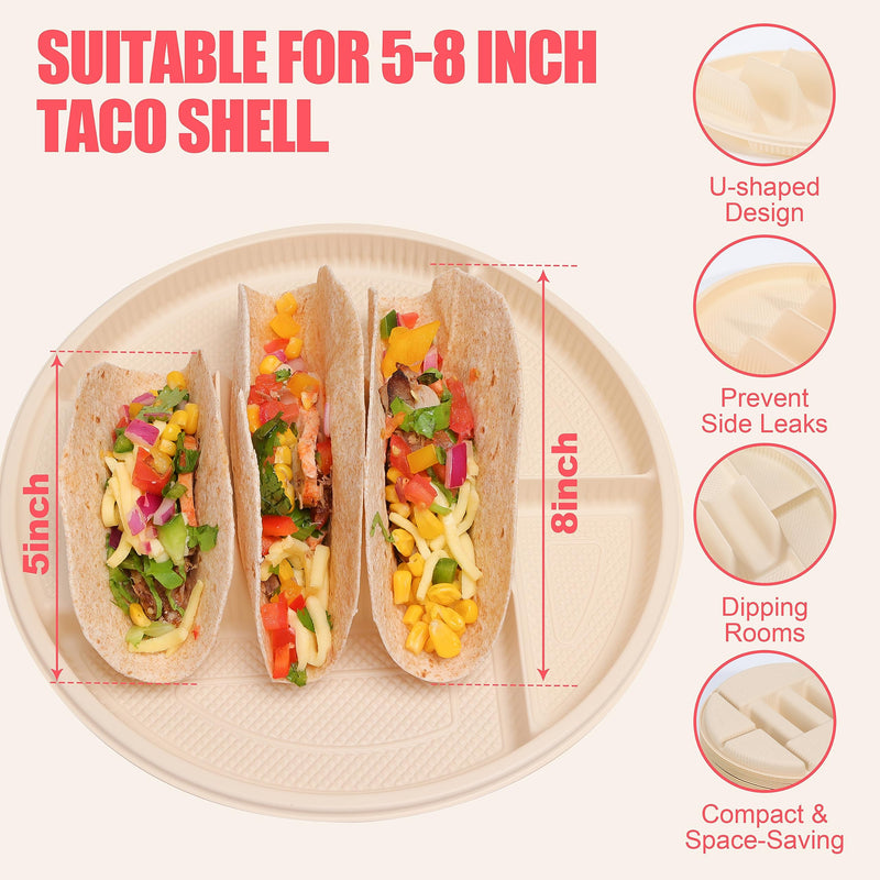 LUVCOSY 60 Pcs Large Disposable Taco Plates for Party, Cornstarch Taco Holder Plates with 2 Dipping Areas, Hold for 3 Tacos, Round Paper Taco Trays for Taco Night & Taco Tuesday, Microwave Safe