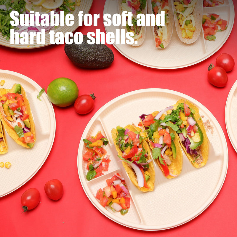 LUVCOSY 60 Pcs Large Disposable Taco Plates for Party, Cornstarch Taco Holder Plates with 2 Dipping Areas, Hold for 3 Tacos, Round Paper Taco Trays for Taco Night & Taco Tuesday, Microwave Safe