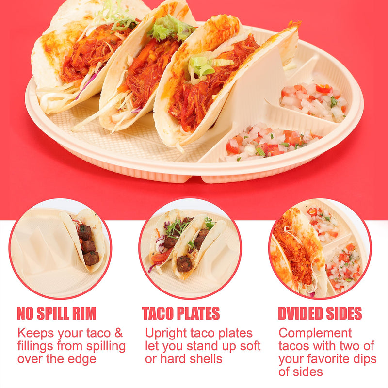 LUVCOSY 60 Pcs Large Disposable Taco Plates for Party, Cornstarch Taco Holder Plates with 2 Dipping Areas, Hold for 3 Tacos, Round Paper Taco Trays for Taco Night & Taco Tuesday, Microwave Safe