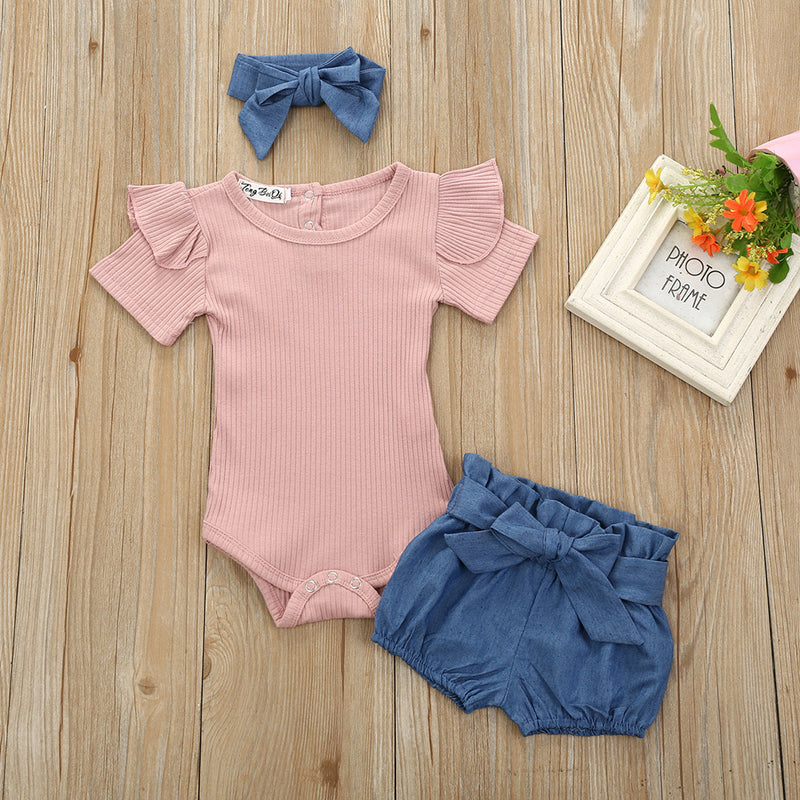 Aimik 3Pcs Baby Girls Infant Clothes Set Romper Jumpsuit Bowknot Denim Shorts Outfits