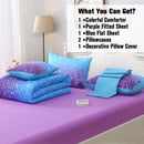 JQinHome Full Blue Purple Comforter Set , 6 Piece Bed in A Bag 3D Colorful Ombre for Girls Women