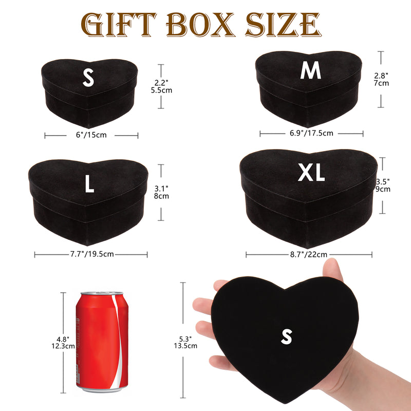 4 PCS Heart Shaped Gift Boxes with Lids Black Velvet Nesting Gifts Box for Presents