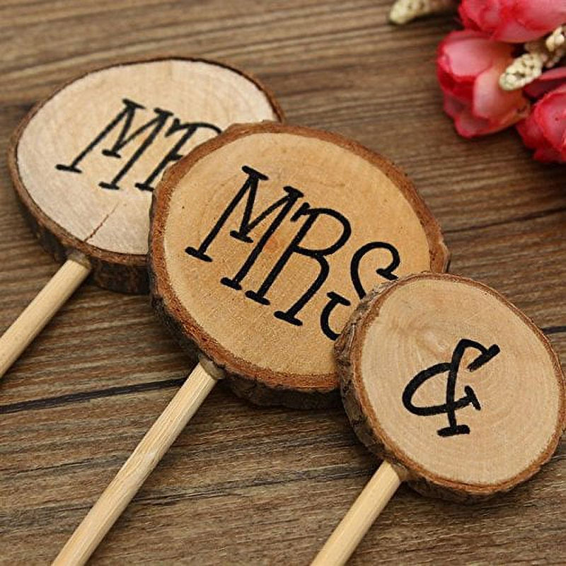 Wooden Round Mr Mrs Shabby Chic Rustic Wedding Cake Topper Pick Decoration-1 Set