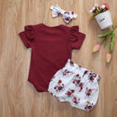 Emmababy Newborn Baby Girl Clothes Ruffle Short Sleeve Romper + Floral Shorts + Headband 3PCS Outfits Set