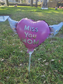 Heavenly Balloons Miss You Mom Pink Heart Balloon on a Stick with Angel Wings | Memorial Tribute