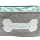 Winifred and Lily 17"x13" Grey with Teal Inside Linen Rectangular Pet Storage Bin with Woof Bark Play message inside White Bone