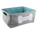 Winifred and Lily 17"x13" Grey with Teal Inside Linen Rectangular Pet Storage Bin with Woof Bark Play message inside White Bone