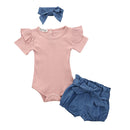 Aimik 3Pcs Baby Girls Infant Clothes Set Romper Jumpsuit Bowknot Denim Shorts Outfits