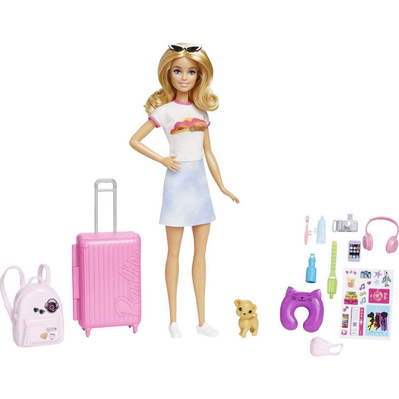 Barbie Malibu Doll & 10+ Accessories, Travel Set Blonde Fashion Doll