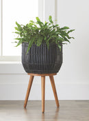 Better Homes & Gardens Black Round Resin Planter & Stand Set with Wood Legs