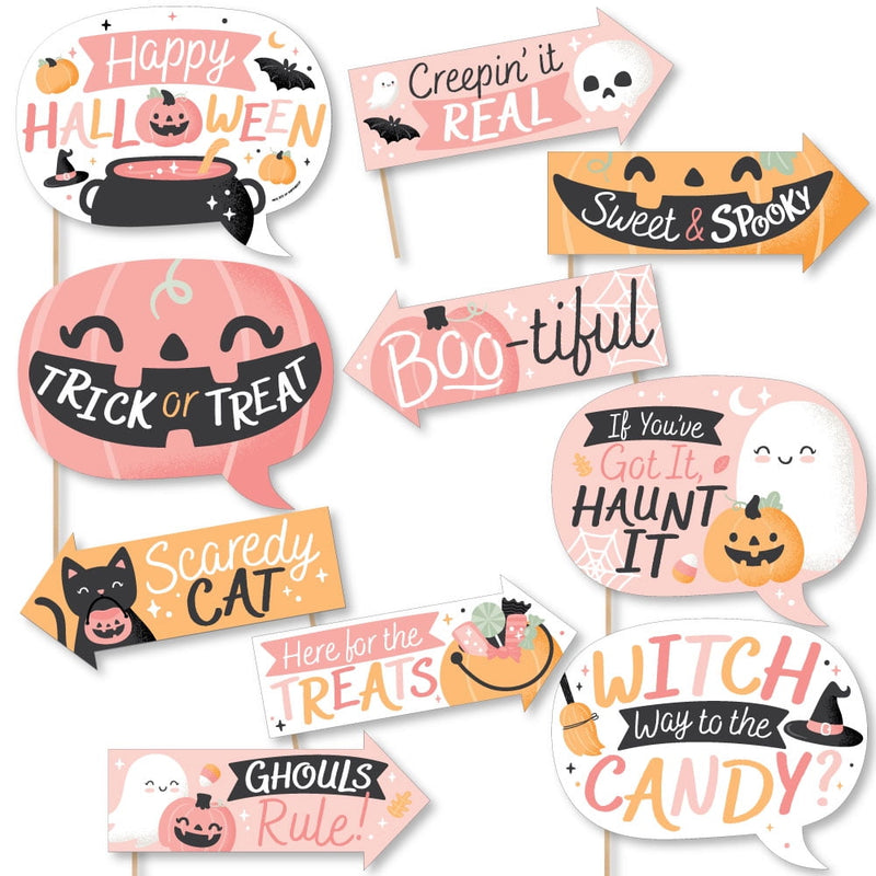 Big Dot of Happiness Funny Pastel Halloween - Pink Pumpkin Party Photo Booth Props Kit - 10 Piece