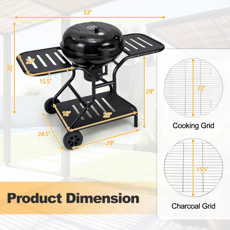 22 Inches 2 Layer Racks Barbecue Grill with Wheels for Outdoor Camping