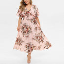 CHGBMOK Womens Plus Size Dresses Floral Printed V-Neck Short Sleeve Casual Dress Pink