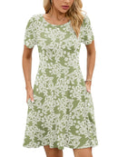Chiclily Women's Summer Dresses Casual T Shirt Dresses Green Roses Large Short Sleeve Sundress with Pockets