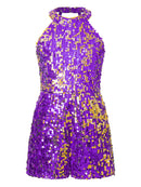 DPOIS Kids Girls Halter Neck Full Sequined Romper Sleeveless Shiny Jumpsuit Purple 8