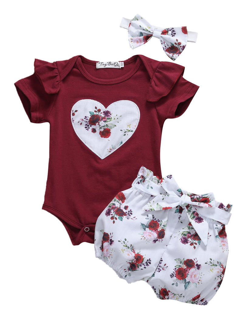 Emmababy Newborn Baby Girl Clothes Ruffle Short Sleeve Romper + Floral Shorts + Headband 3PCS Outfits Set