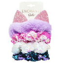 Enchante Accessories Girls' Sequin & Faux Fur Cat Ear Hair Scrunchie Hair Ties, 4 Count