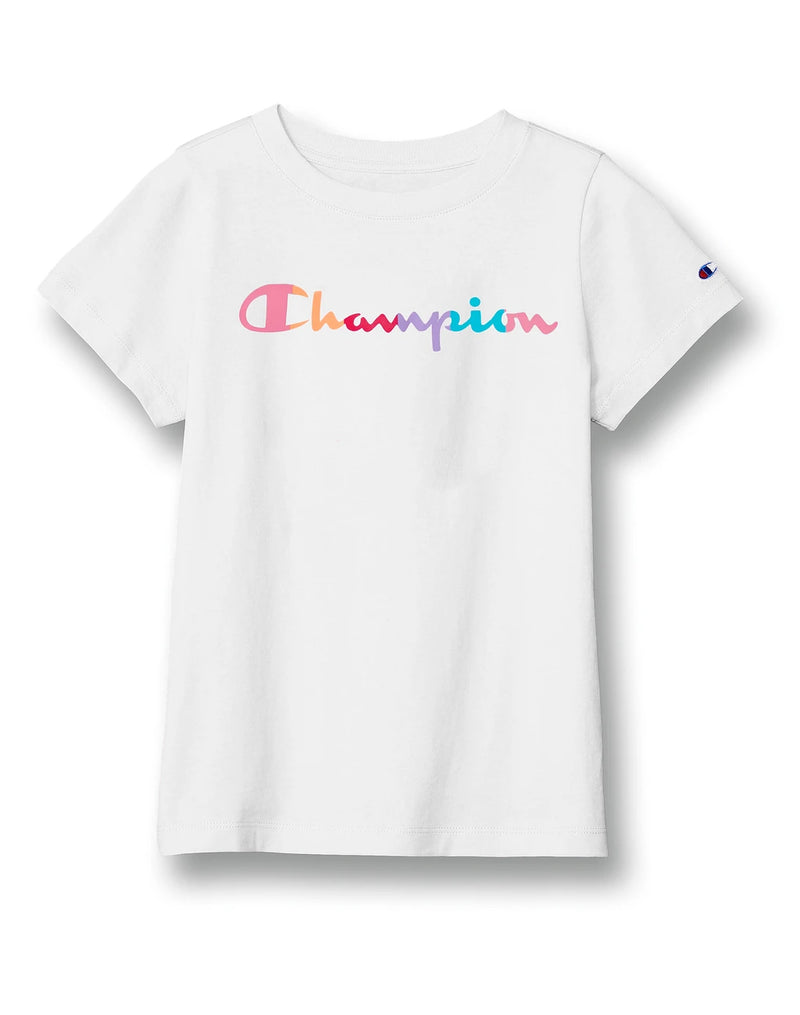 BIG GIRLS' WHITE CLASSIC TEE, RAINBOW SCRIPT