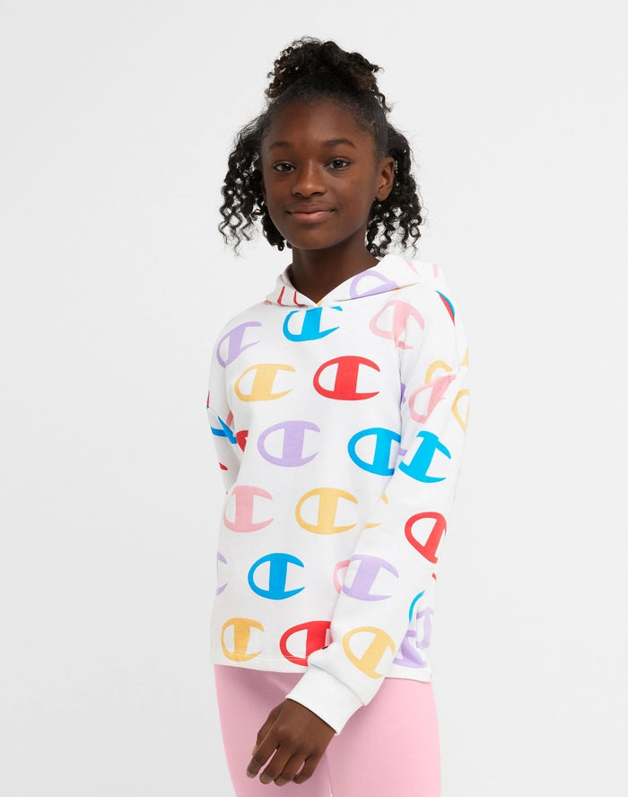 BIG GIRLS' FRENCH TERRY HOODIE, CLASSIC RAINBOW SCRIPT WITH ALLOVER C PRINT