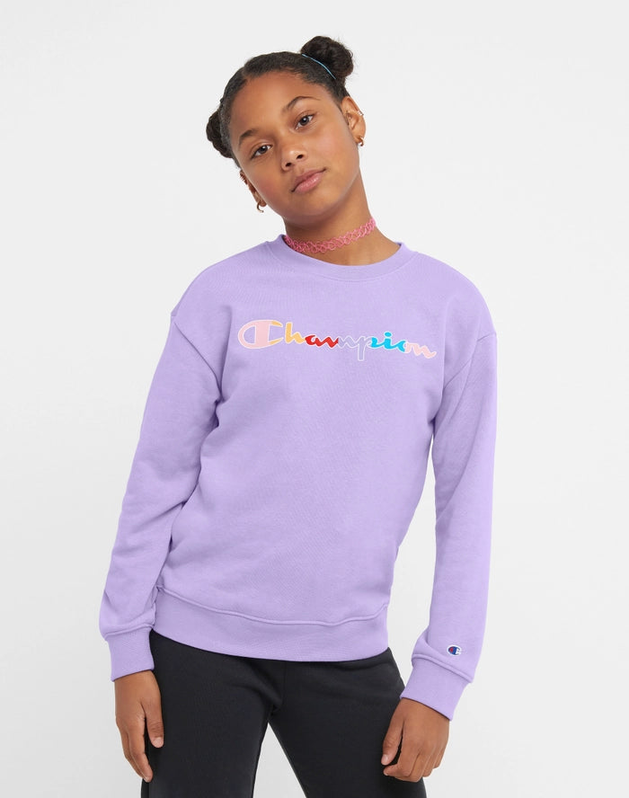 BIG GIRLS' FRENCH TERRY CREW, CLASSIC RAINBOW SCRIPT