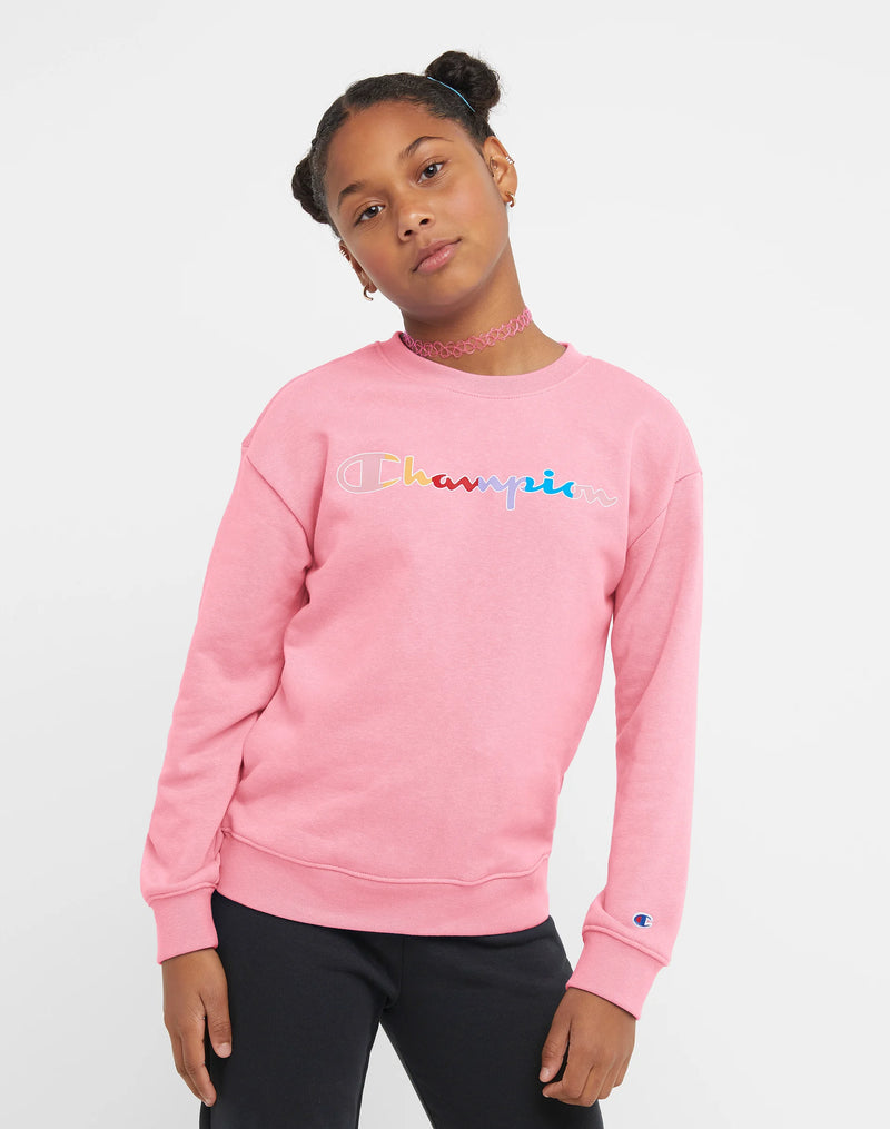 BIG GIRLS' FRENCH TERRY CREW, CLASSIC RAINBOW SCRIPT