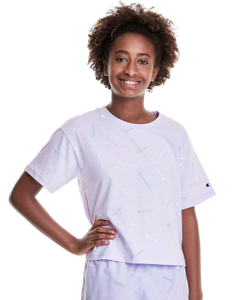 BIG GIRLS' SHORT SLEEVE BOXY TEE, CHAMPION SCRIPT