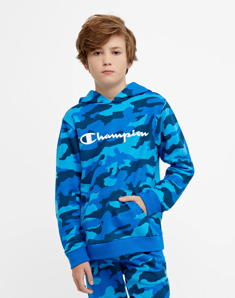 BIG KIDS' HOODIE, ALL OVER CAMO PRINT, SCRIPT LOGO