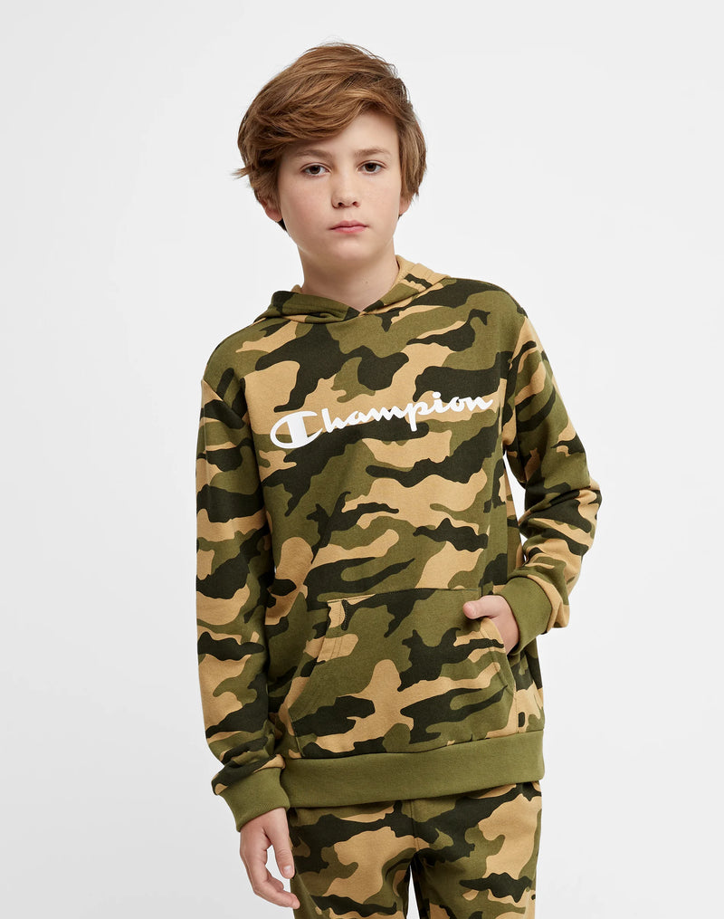 BIG KIDS' HOODIE, ALL OVER CAMO PRINT, SCRIPT LOGO