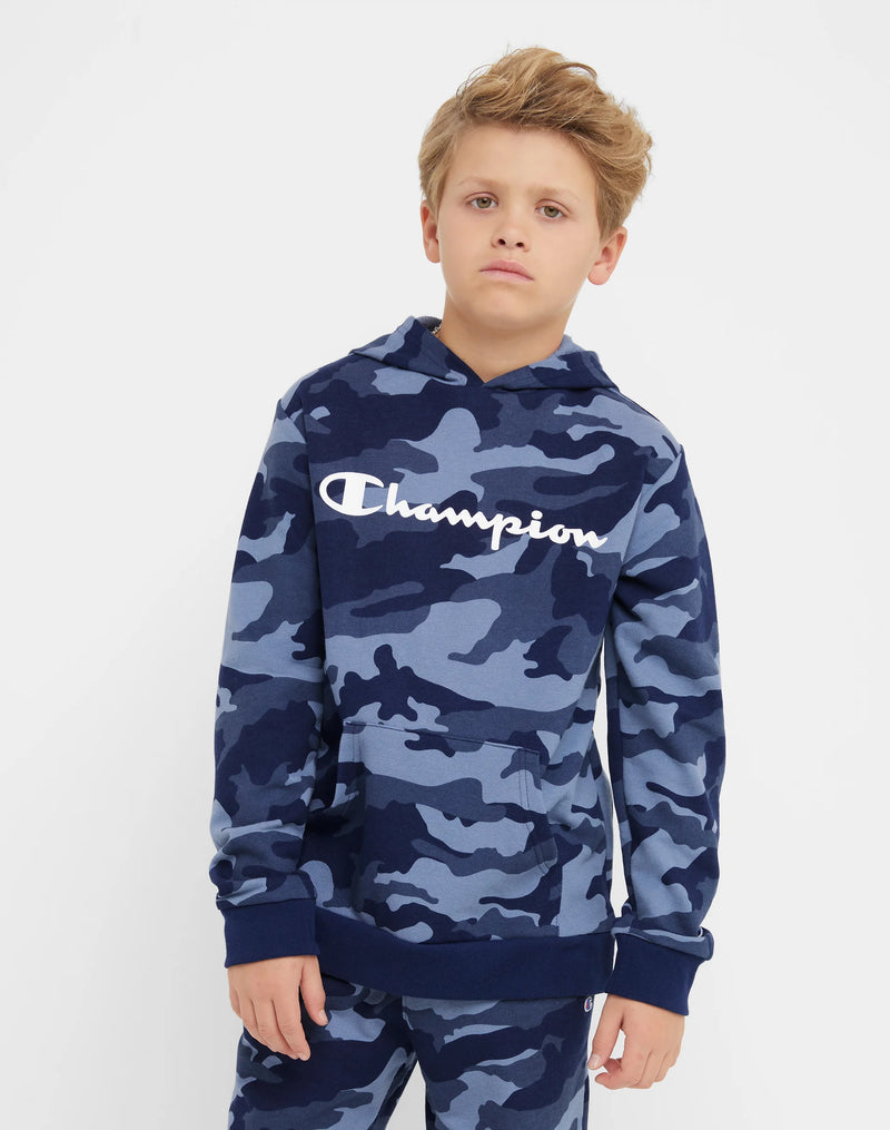 BIG KIDS' HOODIE, ALL OVER CAMO PRINT, SCRIPT LOGO