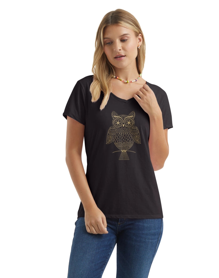 Hanes Women's V-Neck Graphic T-Shirt, Glitter Owl Whoot Whoo/Black