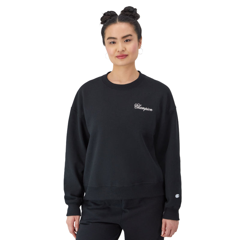 Women's Champion Powerblend Crewneck Sweatshirt, Cursive Script Logo Black/Ciel Blue