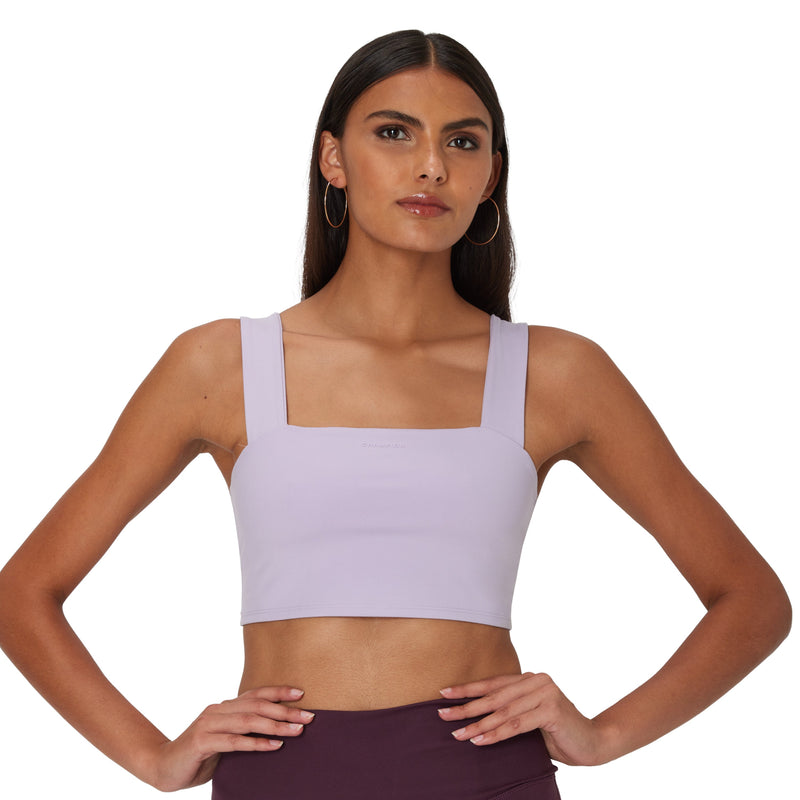 Women's Champion Crop Top, Shelf Bra, Script Logo Morning Dew Purple