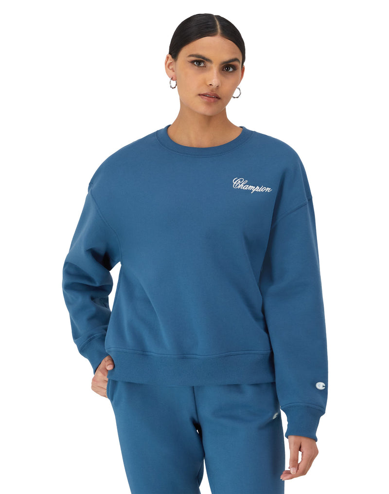 Women's Champion Powerblend Crewneck Sweatshirt, Cursive Script Logo Twilight Teal/White