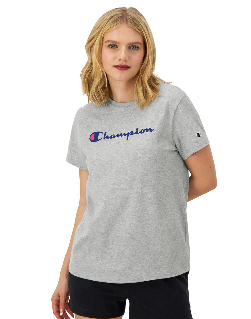 Women's Champion Classic T-Shirt, Script Logo Oxford Grey