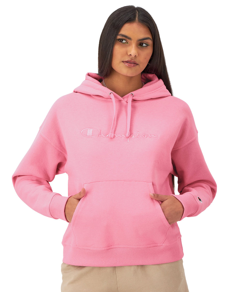 Women's Champion Powerblend Hoodie, Full Embroidered Script Logo (Plus Size) Marzipan Pink