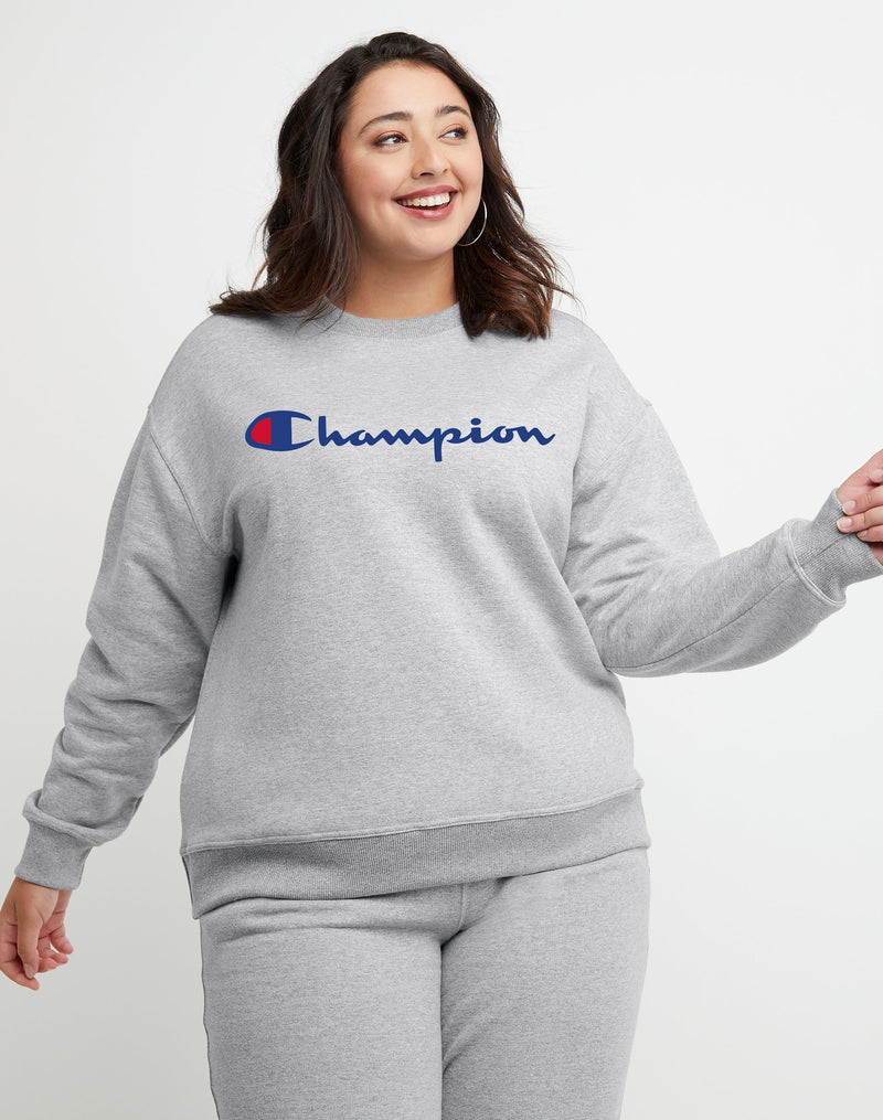 Women's Champion Powerblend Crewneck Sweatshirt, Script Logo (Plus Size) Oxford Grey