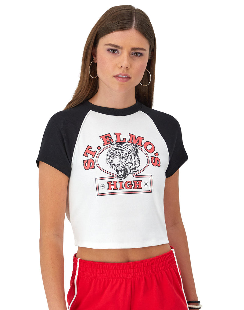 Women's Champion Riley Ringer T-Shirt, Ribbed, St. Elmo's Tigers Graphic White/Black