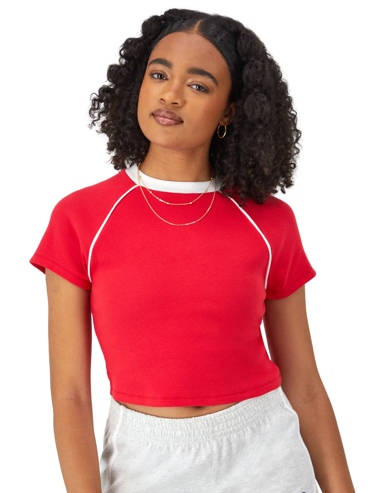 Women's Champion Riley Ringer T-Shirt, Ribbed Athletic Red/White